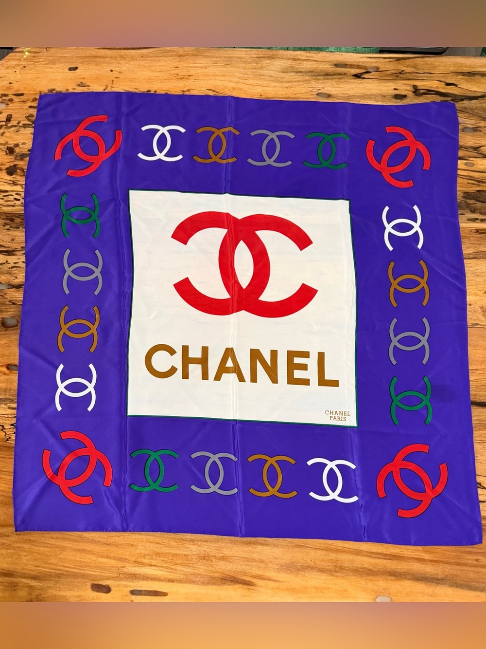 CHANEL Vintage Indigo Silk Scarf with Red Large CC Motif Logo & Multicolor CC